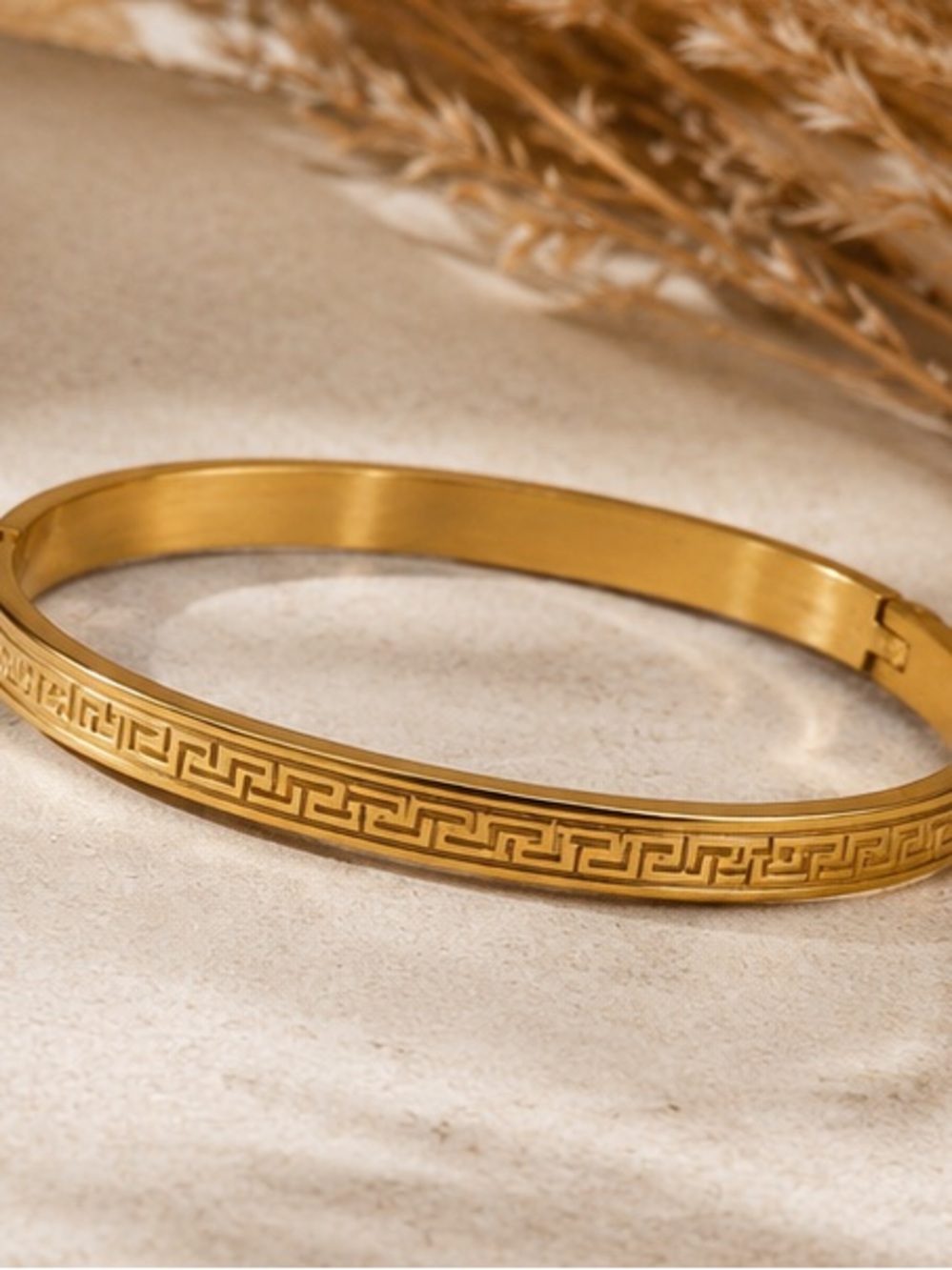 Designer Inspired Gold Greek Key Hinged Stainless Steel Bangle Bracelet